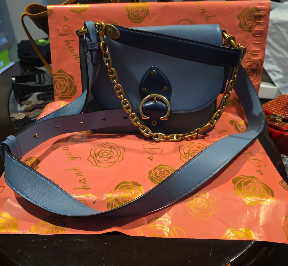 Coach Two-Tone Light and Dark Blue Leather Crossbody with Gold Chain